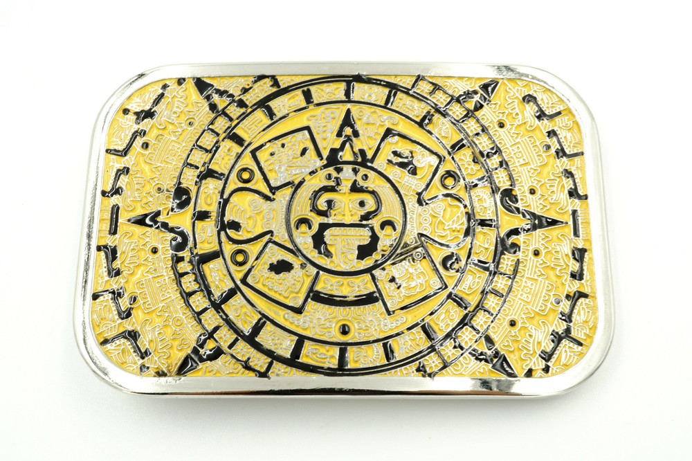 Aztec Mayan Calendar Black/Yellow Rectangle Metal Fashion Belt Buckle