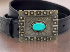 Western Turquoise Belt Buckle With Handmade Leather Strap| Rodeo Buckle For Men