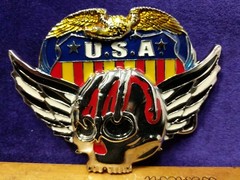 Great/Fun/Fashionable Belt Buckle U.S.A. Skull With Wings Freedom Silvertone