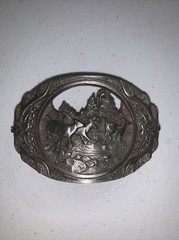 MEN&rsquo;S HEAVY PEWTER 1990 C + J INC DEER SCENE AND ANTLER BELT BUCKLE MADE IN USA