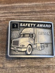 2 Vtg Ruan Semi Trucking Pewter Belt Buckle Made in USA 3 & 8 Year Safety Award