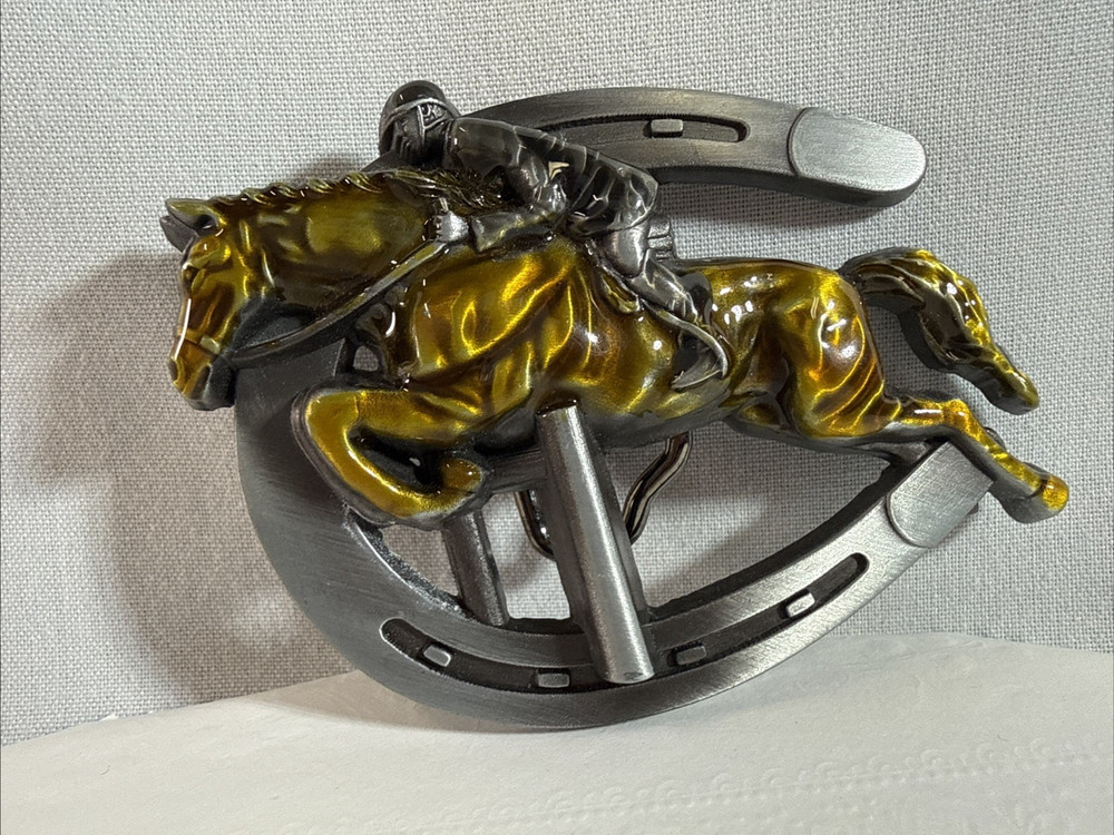 Metal Finish Belt Buckle with Horseshoe and Riding Jockey