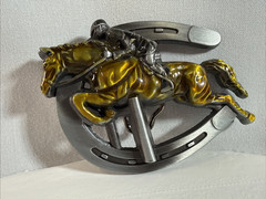 Metal Finish Belt Buckle with Horseshoe and Riding Jockey