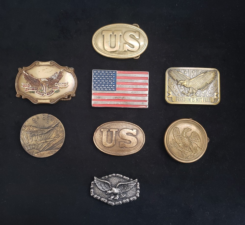8 Vintage USA Patriotic Belt Buckles American Flag Soaring Eagle 2nd Amendment