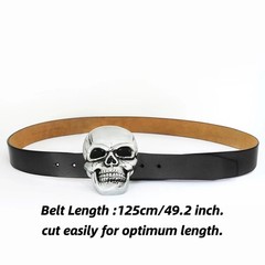 POSKLA Men&rsquo;s Skull Head Buckle Leather Belt Waist Band, Jeans Large, Black