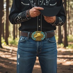 Men Antique Gold Metal Belt Buckle Cowboy Hat Turquoise Blue Fun Rodeo Accessory