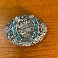 Western Express Belt Buckle Mens Silver Oval Horseshoe Turquoise Inlay