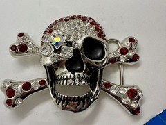 Pirate Skull Head Crossbones Red Clear Rhinestone Covered Costplay Belt Buckle