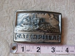Neat Vintage Metal Caterpillar Tractors Belt Buckle w Farmer in Field 2×3&Prime; USA