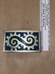 made in MEXICO vintage BELT BUCKLE turquoise SILVER gold 3×1.75” aztec inca