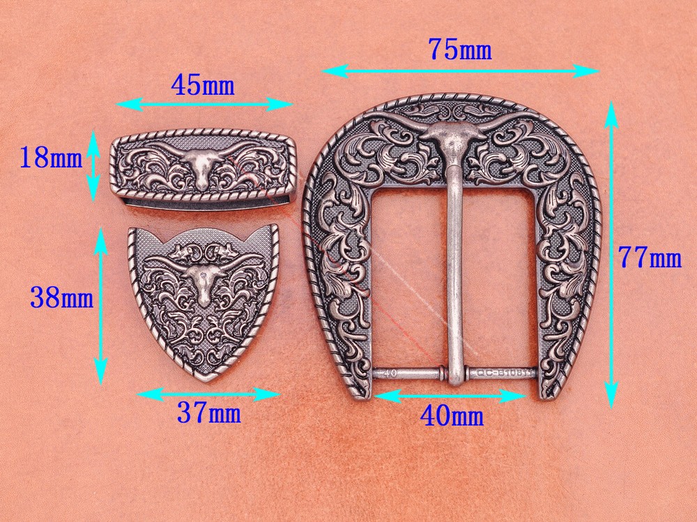 Heavy Duty Western Cowboy Rodeo Longhorn Bull Leathercraft Belt Buckle 3 Pcs Set