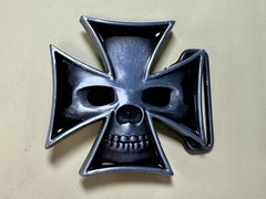 Maltese Iron Cross with Skull Reflective Cutout Gothic Punk Vibe Belt Buckle