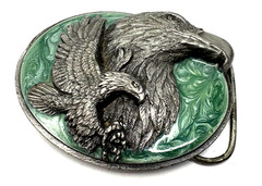 Siskiyou Bald Eagles Belt Buckle Co 1990 Vintage Pewter Teal Enamel Swirl USA