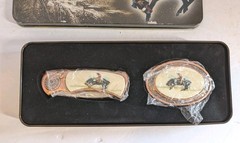 Pocket Knife And Belt Buckle Set In Tin Cowboy Western Rodeo