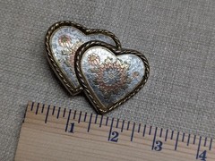 vintage DOUBLE HEARTS belt buckle USA made WESTERN engraved FLORAL golden silver