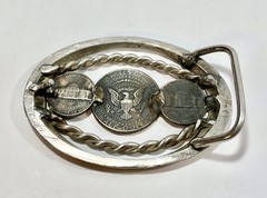 Pewter? Coin Belt Buckle – Made with 2 Jefferson Nickels & 1 Kennedy Half Dollar