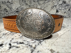 WINDMILL HANDTOOLED Leather w/ USA Silver Tone Vintage Western Belt Buckle Oval