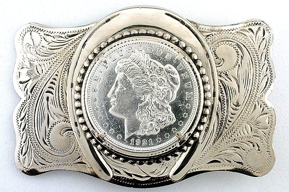 Silver Color Horseshoe Southwest Western 1921 Morgan Silver Dollar Belt Buckle
