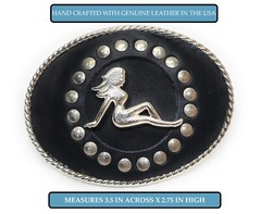 Made in USA Mens LEATHER BELT BUCKLE with MUD FLAP LADY Biker Trucker 1.5&Prime;
