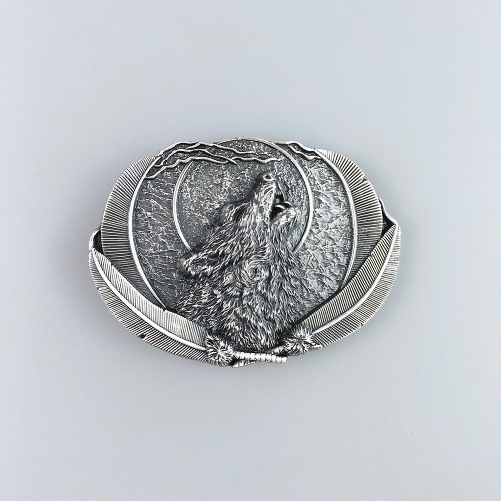 Vintage Silver Plated Western Moon Wolf Oval Belt Buckle Boucle de Ceinture