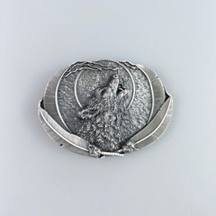 Vintage Silver Plated Western Moon Wolf Oval Belt Buckle Boucle de Ceinture