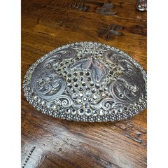 Nocona Silver Horse Head Rhinestone Western Floral Scroll Oval Belt Buckle
