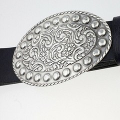 Floral tendrils Oktoberfest costume belt buckle, oval design, antique silver