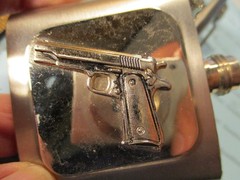 Vintage ~ Belt Buckle Flask with Gun/Pistol Design ~
