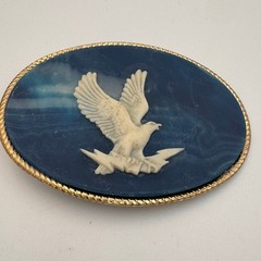 Incolay Stone Eagle Belt Buckle Blue White Marbled Handcrafted USA Vintage Oval