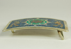 Aztec Sun Stone belt buckle western blue inlay on silver plate 3.5 inch