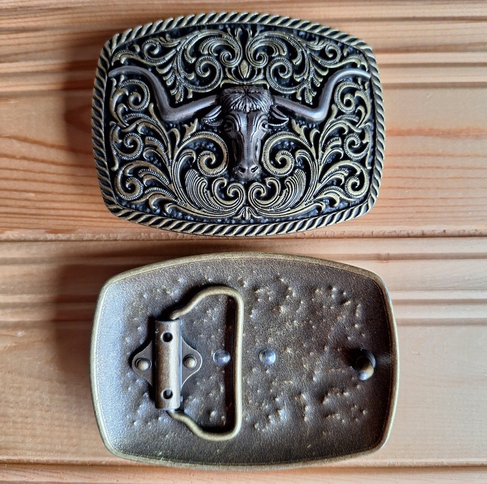 Long horns head bull western bronze & metal belt buckle (choice designs)