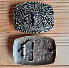 Long horns head bull western bronze & metal belt buckle (choice designs)