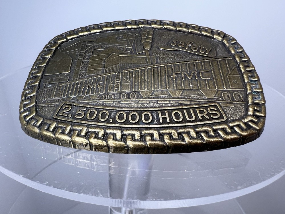 FMC Safety Award Belt Buckle – 2,500,000 Hours – Brass Industrial Factory Scene