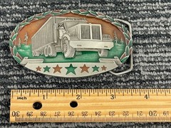 🔥 Vintage Silver Tone Metal Green Enamel Trucker Semi Western Belt Buckle 1982