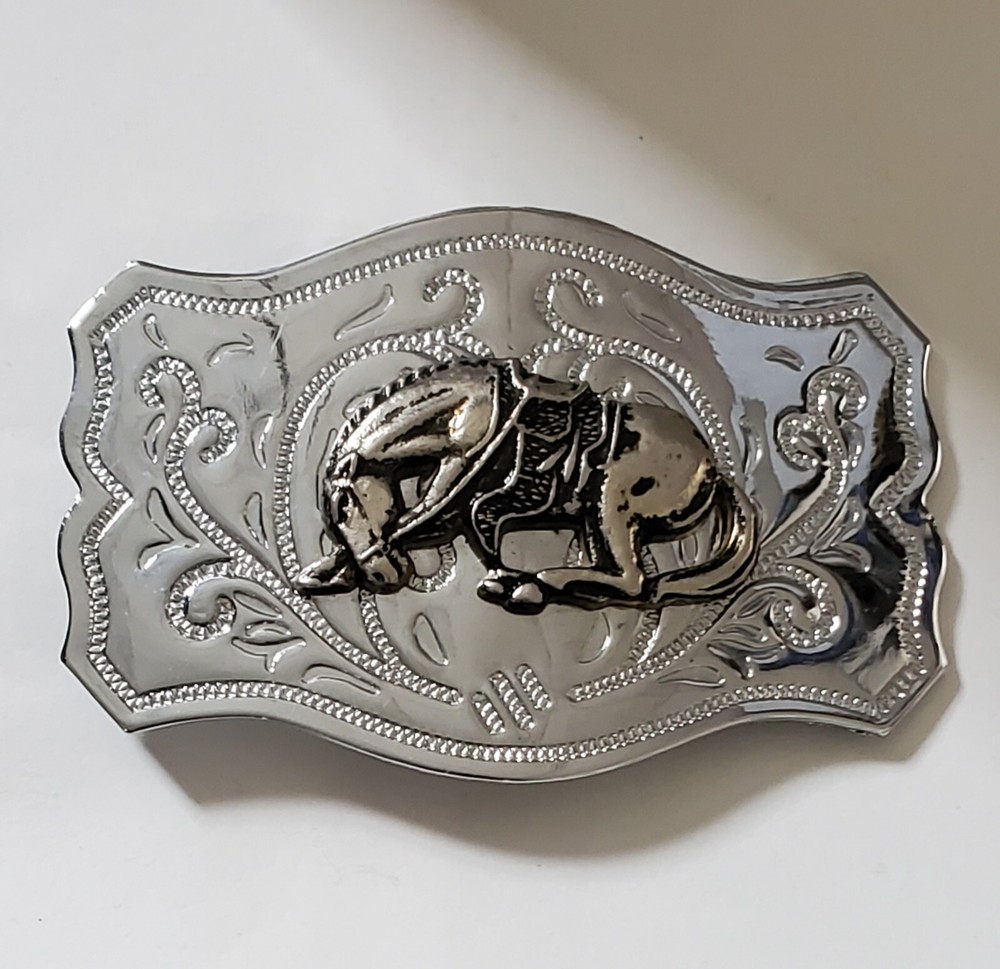 Vintage Chrome Belt Buckle with Applied Bronze Bucking Bronco Horse Clean READ
