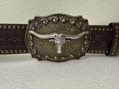 Men’s Size 33&Prime;-38&Prime; Brown Embossed Western Belt W/ Longhorn Buckle, Studded Edge