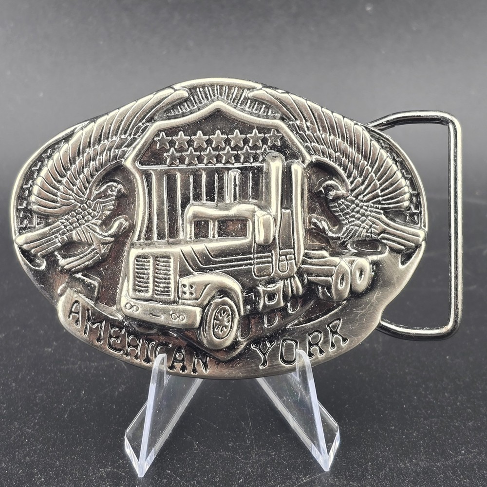 American York Trucker Belt Buckle Semi Truck Pewter Eagle Flag 3.25&Prime; x2.25&Prime;