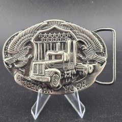American York Trucker Belt Buckle Semi Truck Pewter Eagle Flag 3.25&Prime; x2.25&Prime;