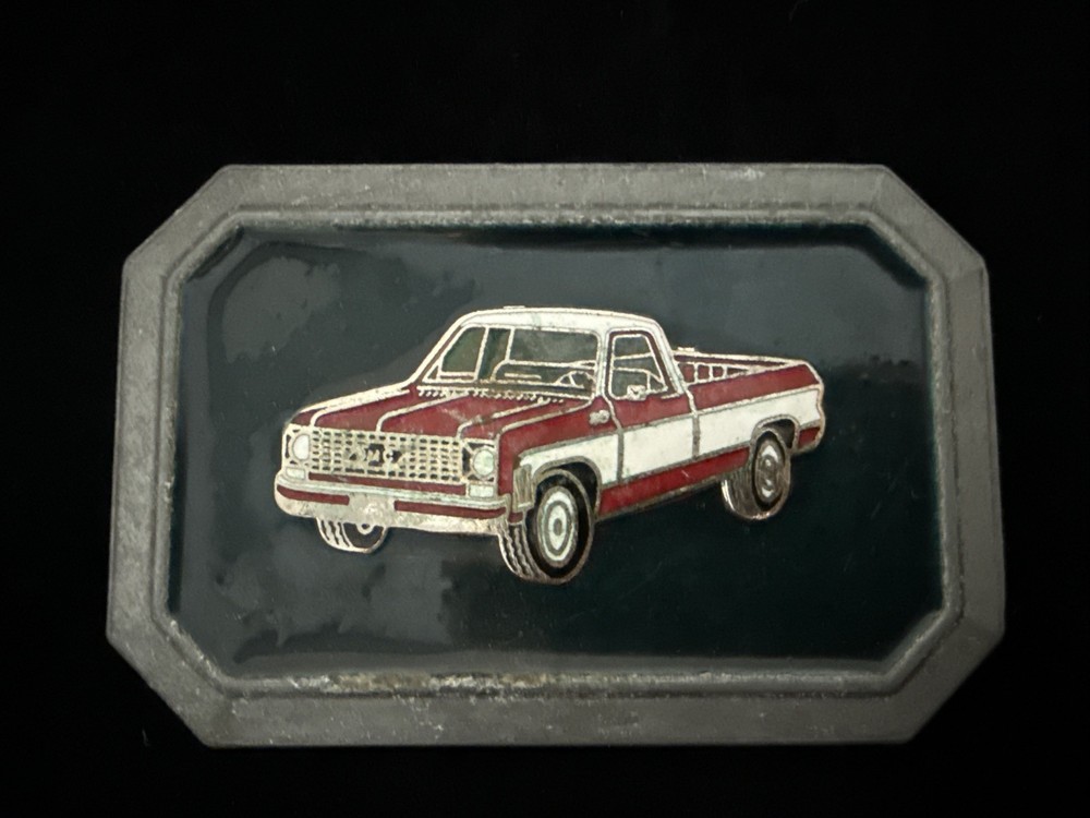 Vintage Enameled Red & White 70&rsquo;s GMC Pick Up Truck Belt Buckle FREE SHIPPING