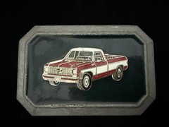 Vintage Enameled Red & White 70&rsquo;s GMC Pick Up Truck Belt Buckle FREE SHIPPING