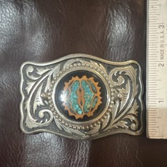 Western Silver Tone Metal Belt Buckle, Turquoise Accent, 3 1/2 inches long