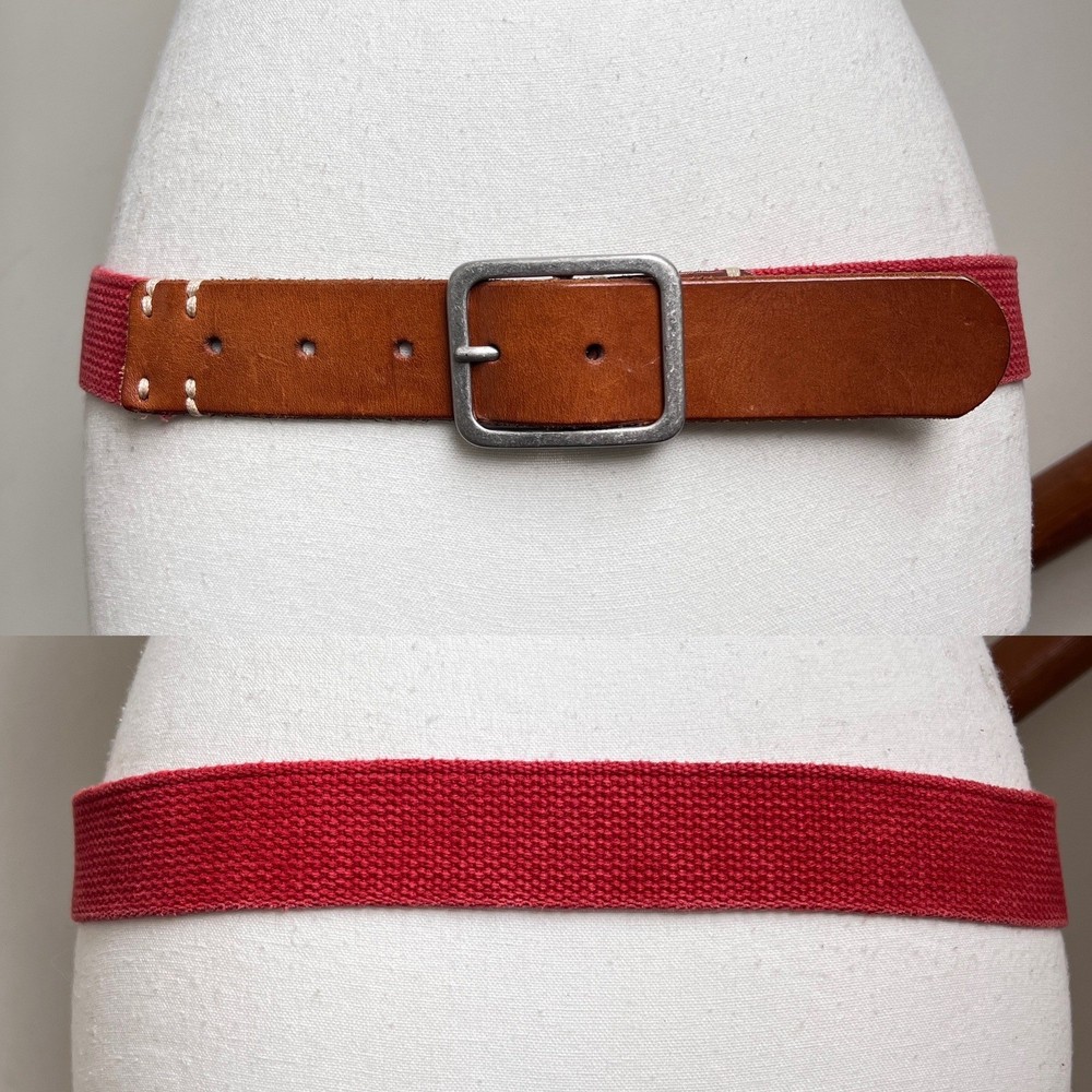 Vintage Red Canvas Brown Leather Belt Silver Buckle Preppy Statement