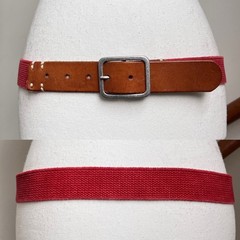 Vintage Red Canvas Brown Leather Belt Silver Buckle Preppy Statement