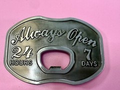 Always Open 24 / 7 Belt Buckle and Bottle Opener – Perfect Bar Pickup Line!