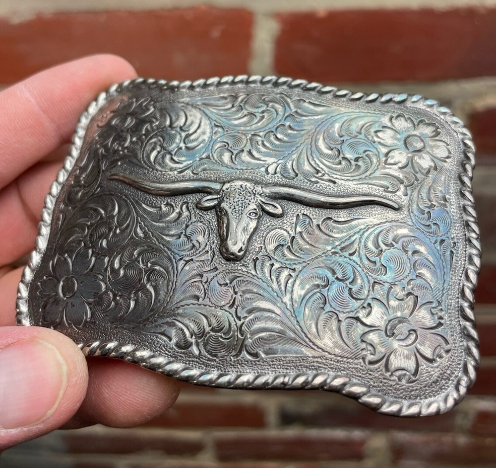 Nocona Long Horn Steer Head Rope Border Engraved Floral Pattern Western Buckle