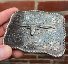 Nocona Long Horn Steer Head Rope Border Engraved Floral Pattern Western Buckle