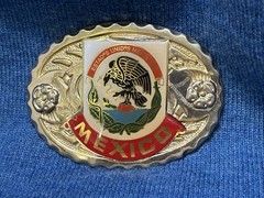 Vtg Mexico Belt Buckle Western Mexican Coat of Arms Eagle Snake Enamel Gold Tone