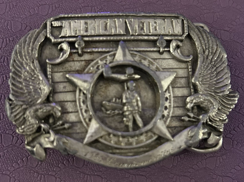 Vintage ‘The American Veteran’ belt buckle. 1985 Commemorative. Pewter