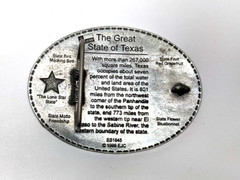« THE GREAT STATE OF TEXAS » Belt Buckle, 1999, 4&Prime; x 3&Prime;, Metal, EJC, Never Worn
