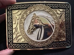 Western Horse Head Greek Key Engraved Belt Buckle Gold/Silver Metal 1.5in